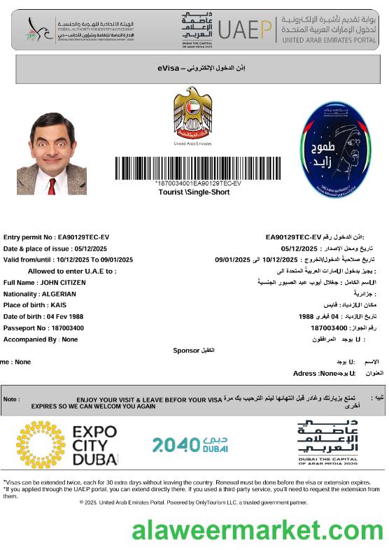 UAE e-visa template in Word and PDF formats, version 2